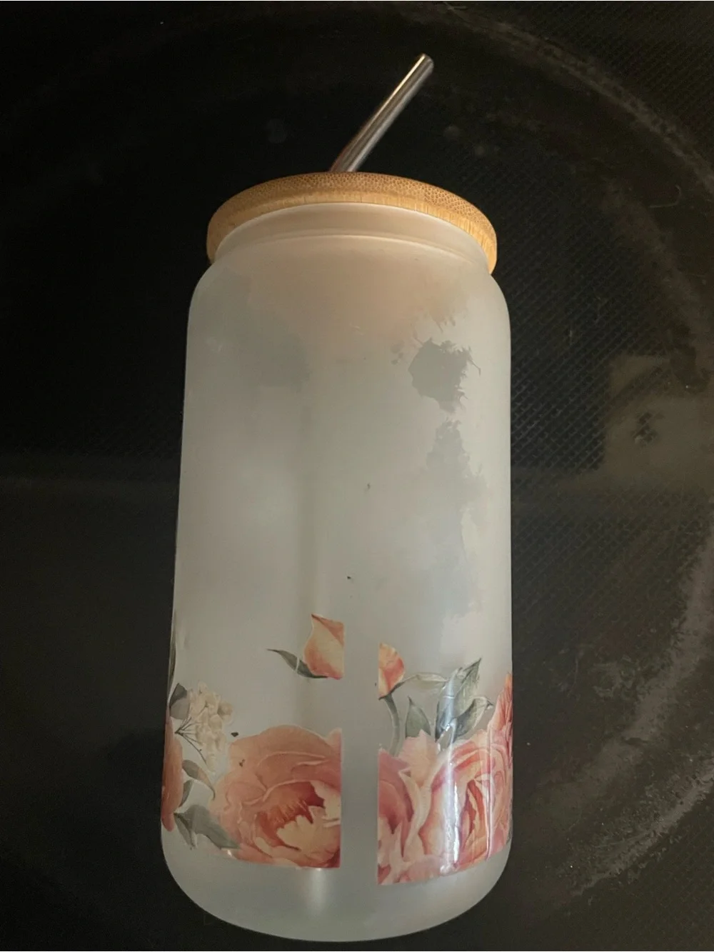 Floral Cow Frosted Glass Tumbler with Bamboo Lid & Metal Straw